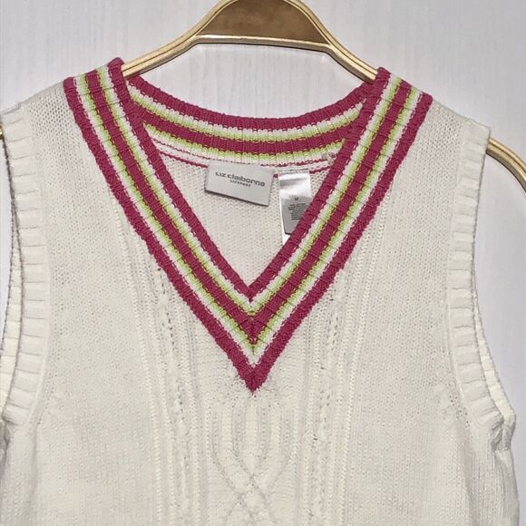 Liz Claiborne Sweater Vest Womens Medium White Pink Tennis V-Neck Cable Knit - Picture 2 of 10
